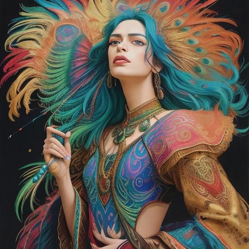 Rainbow Dragon Woman Portrait in Splash Art Style