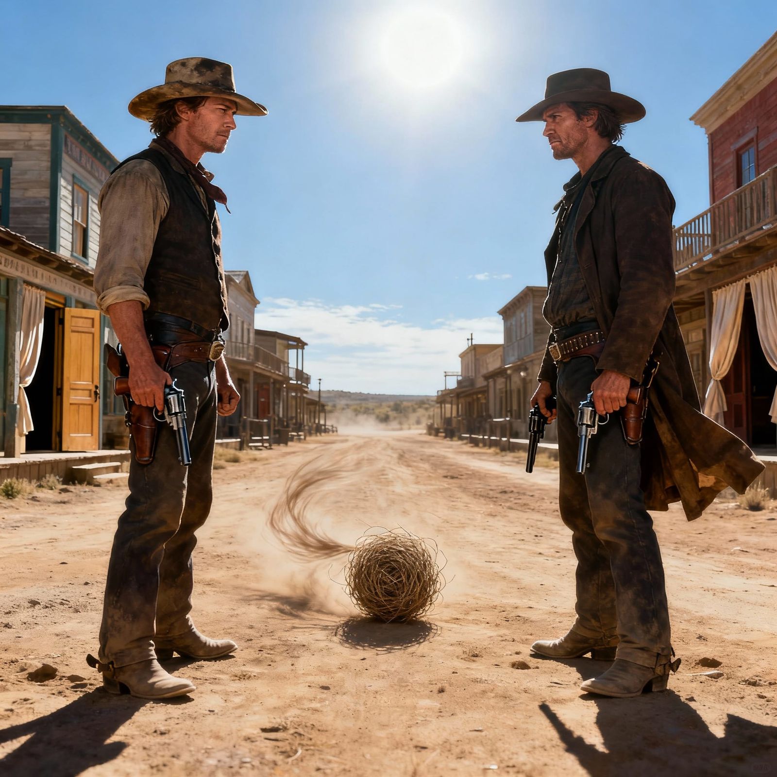 Cowboys Face Off at High Noon in Hyperrealistic Western Scen...