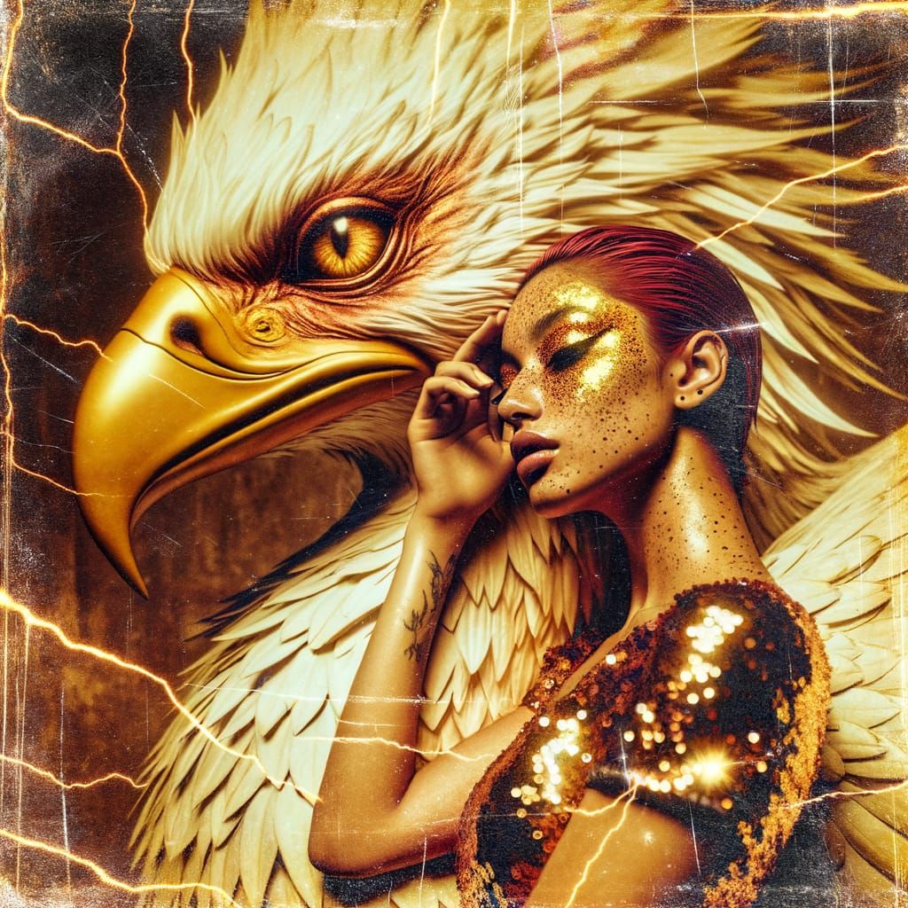 Latina Woman and Phoenix in Glittering, Cracked Painting Sty...