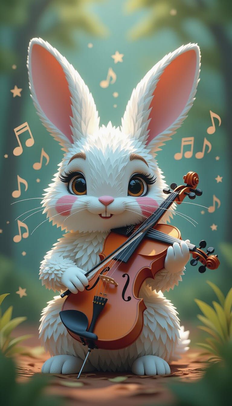 Rabbit Plays Violin in Paper Cut Collage Style