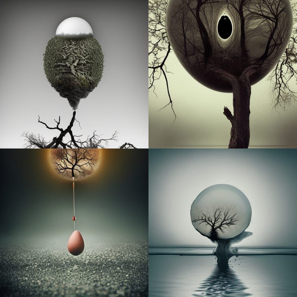 Surreal Tree with Egg and Mushrooms Portrait