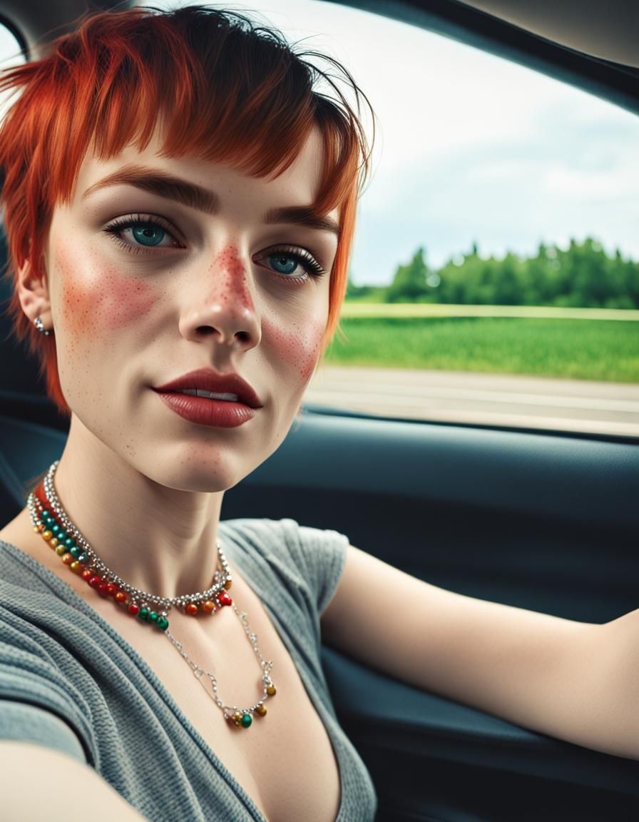 Photorealistic Selfie of Girl with Multicolored Hair