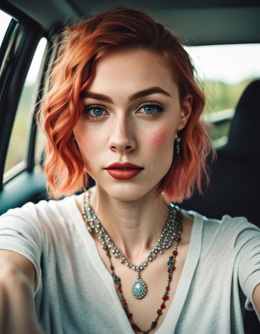 Photorealistic Selfie of a Young Woman in Car