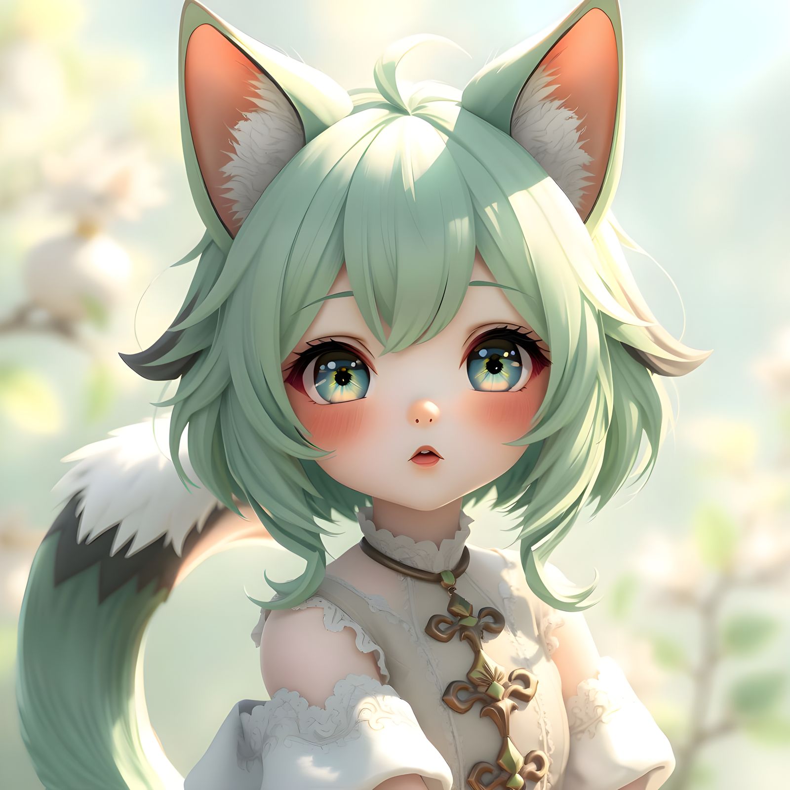 Cute Green-Haired Cat Girl in Anime Style