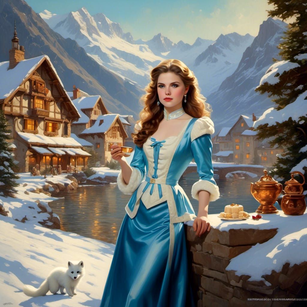 Anna Kendrick in Winter Landscape, Maxfield Parrish Style