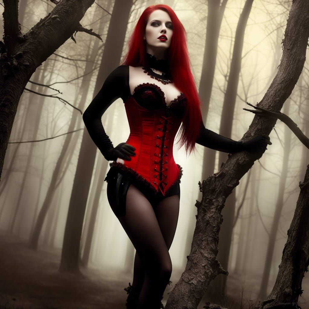 Redhead Vampire in Foggy Forest: Photorealistic Gothic Art