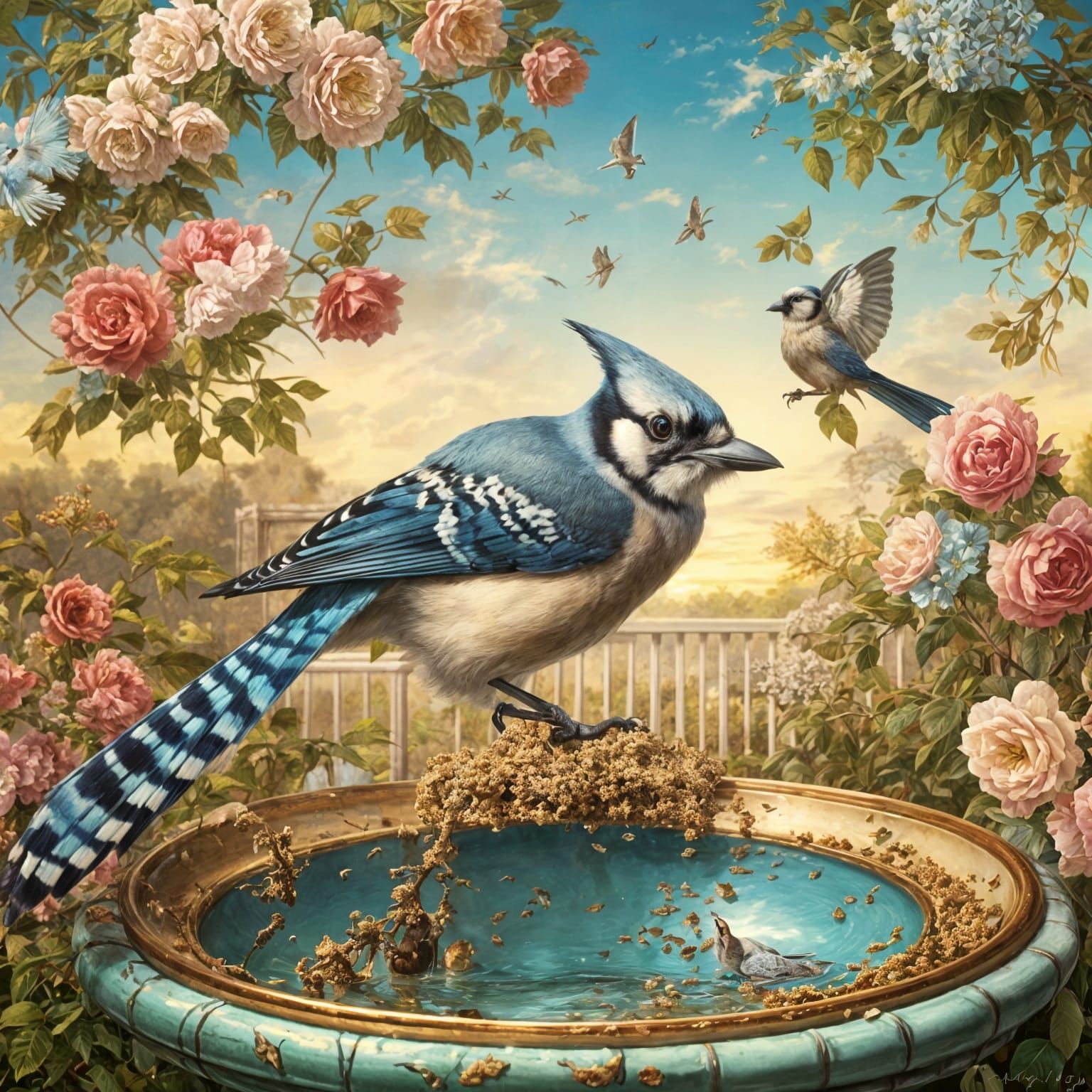 Blue Jay in Backyard, Expressionist Alcohol Ink Painting