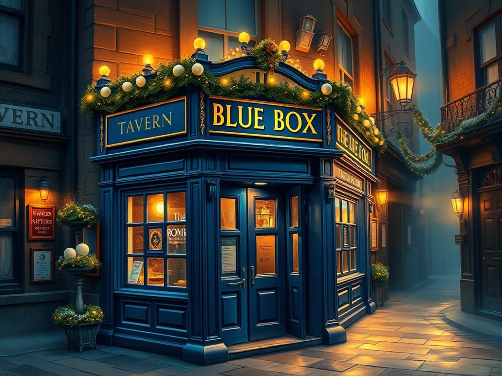 Blue Tavern in Foggy Alley on Christmas Eve