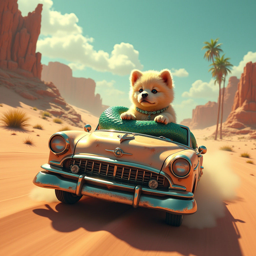 Puppy's Desert Adventure with Serpent Guide: Dreamlike Art