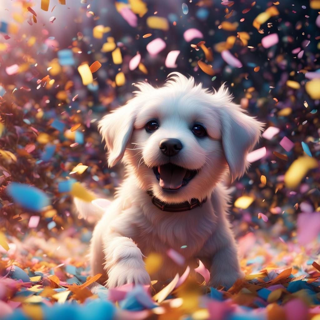 Happy Puppy in Confetti Cloud: 8K Resolution