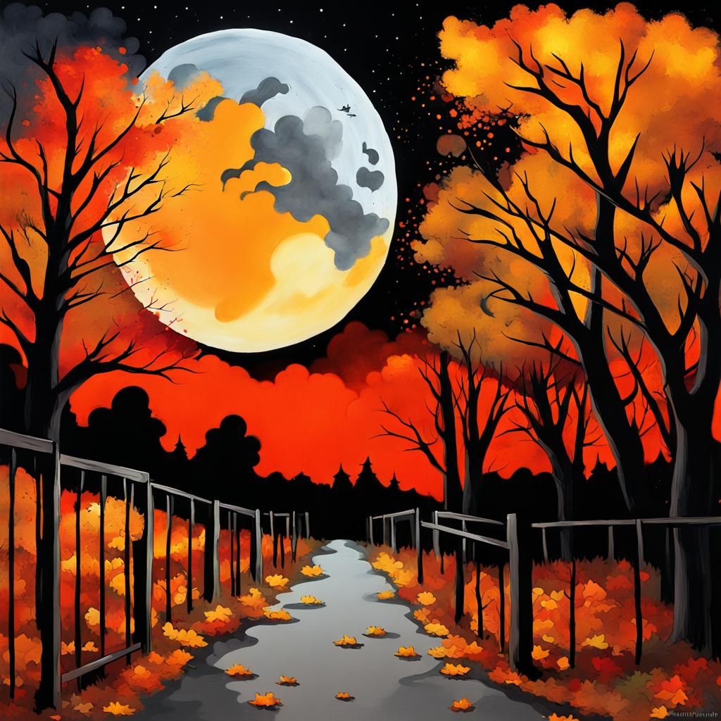 Eerie Moonlit Path in Autumn, Graffiti Art Style