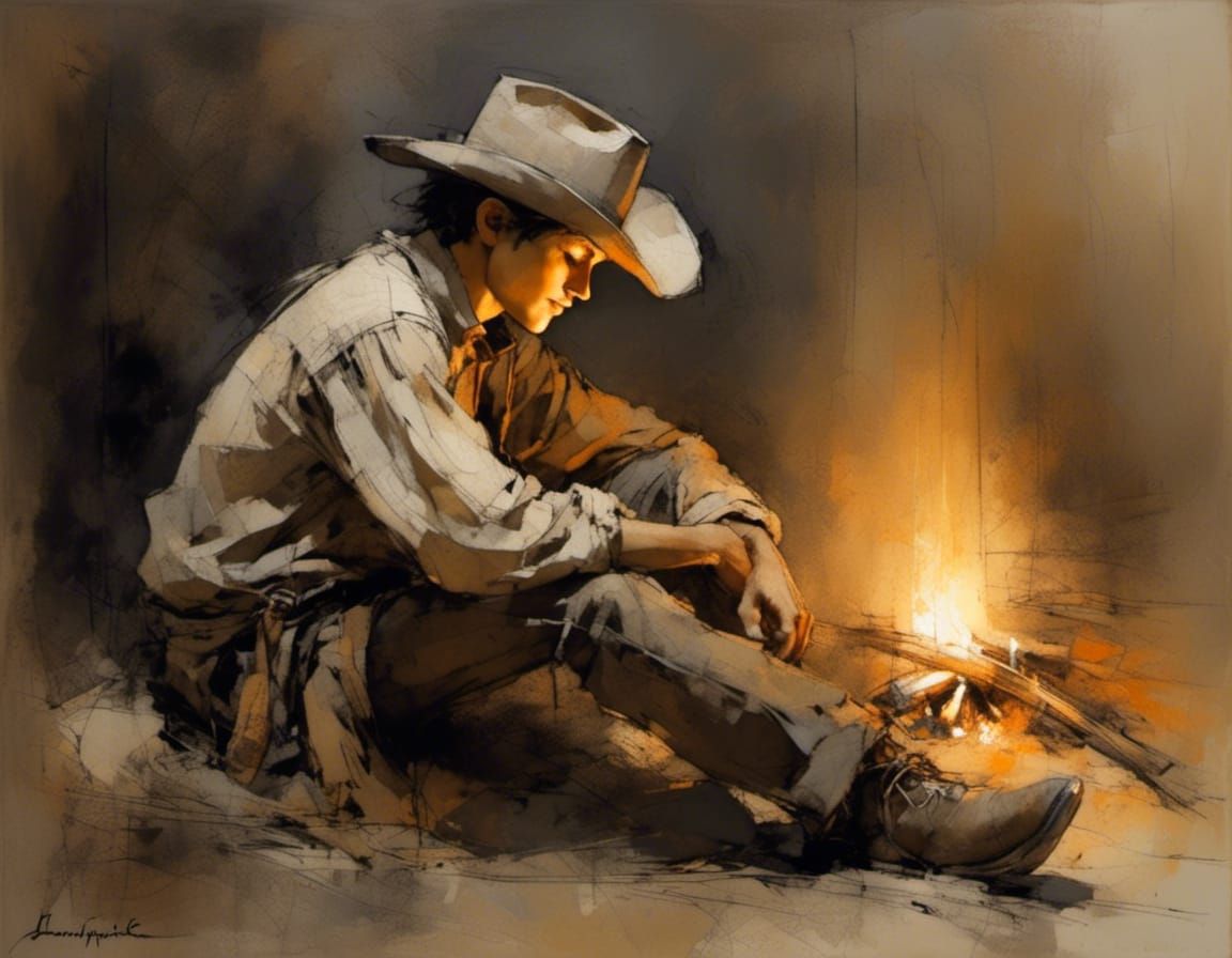 Cowboy in Campfire Light: Chiaroscuro Night Scene