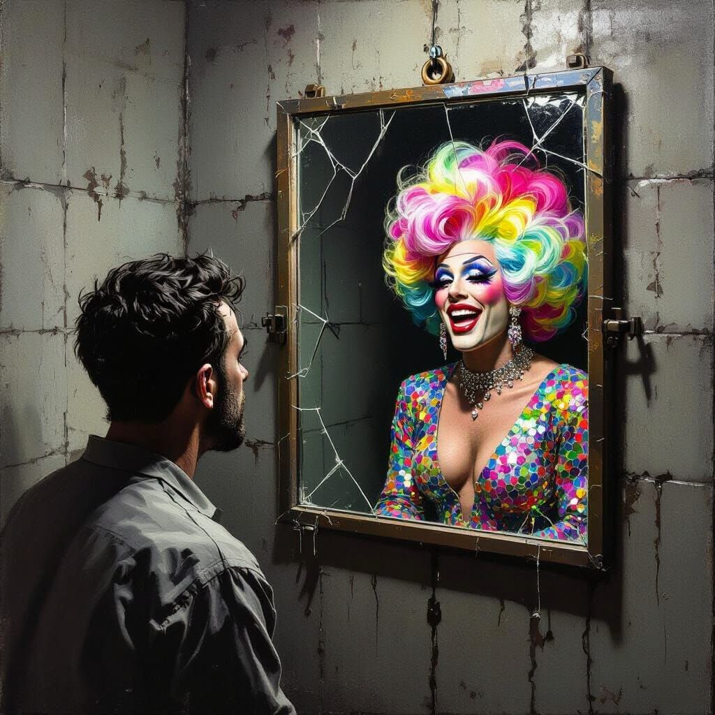 Man's Reflection as Joyful Drag Queen in Gritty Style