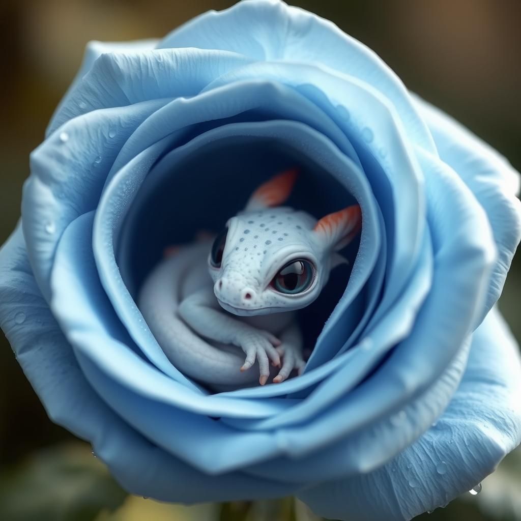 Dragon in Blue Rose with Dew Drops