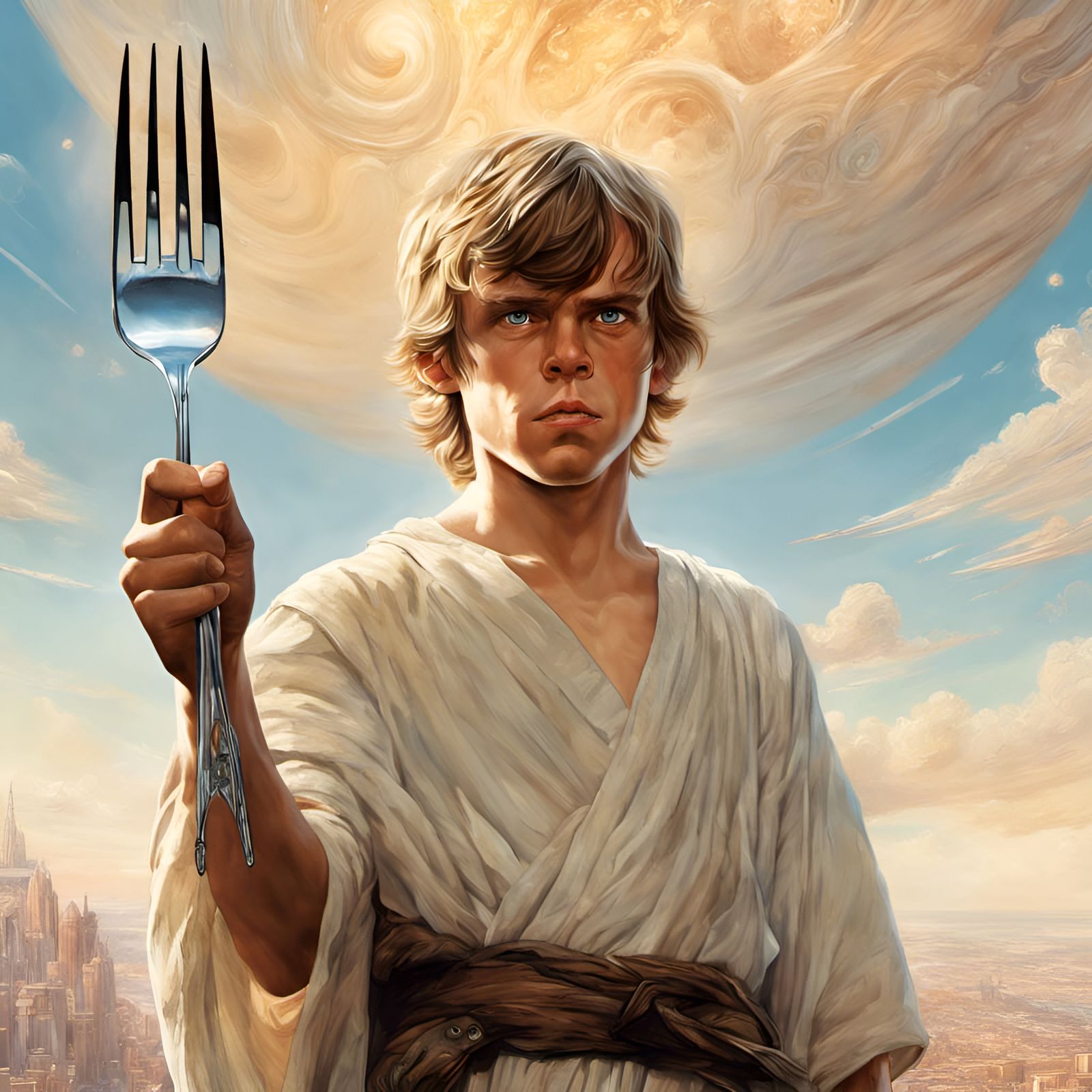 Luke Skywalker Portrait Holding Fork, Digital Art
