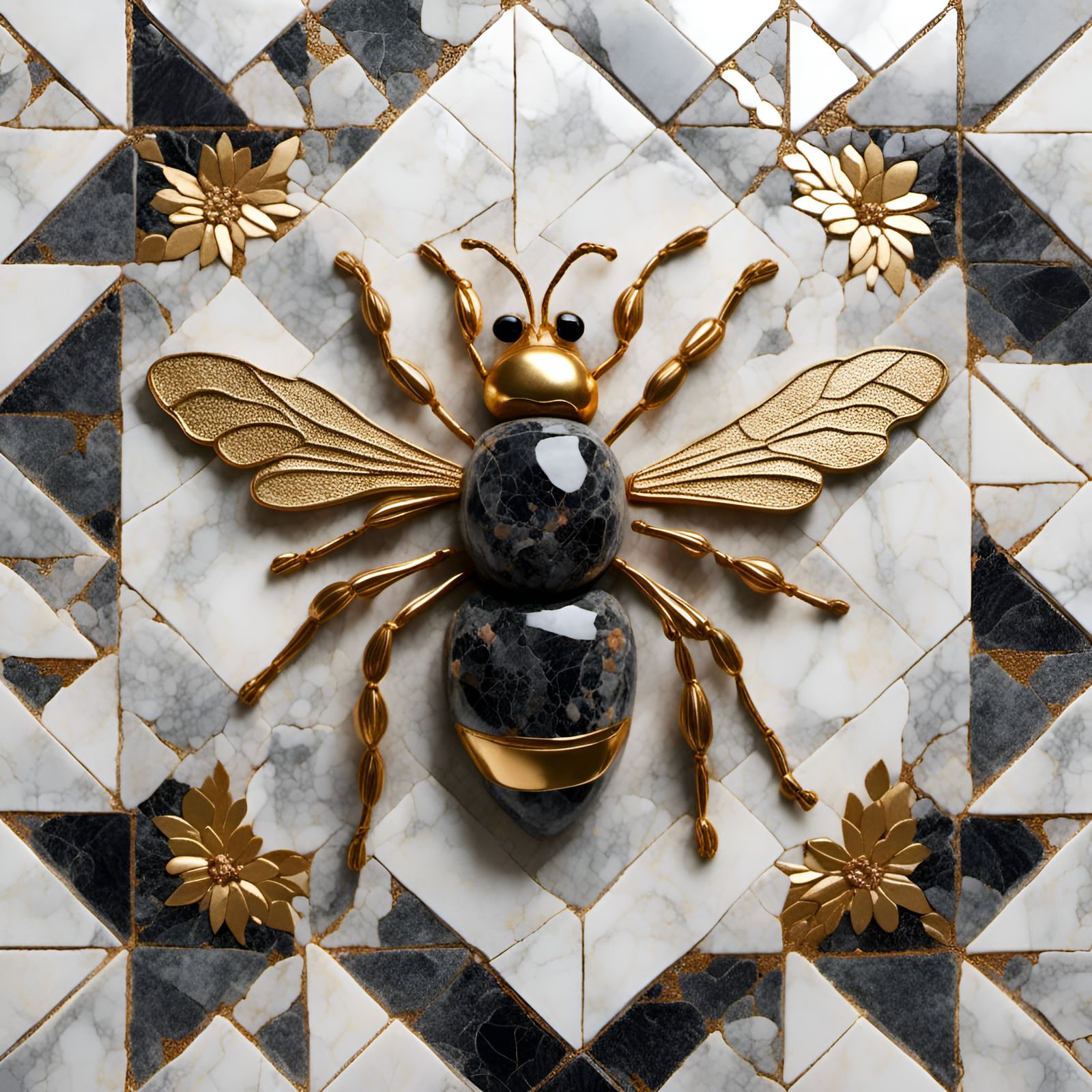 Marble Bee on Flower in Polished Mosaic Style