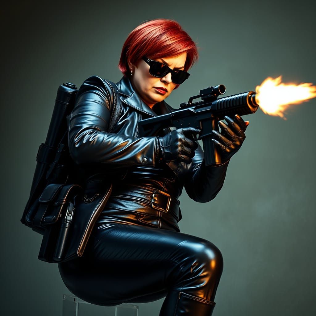 Mature Woman in Skintight Leather Suit, Holding Submachine G...