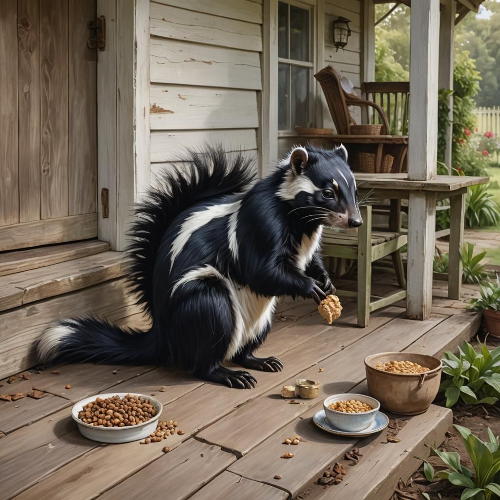 Skunk Steals Cat Food on Cottage Verandah