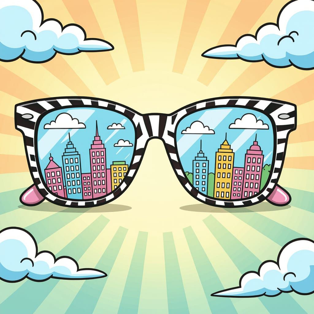 Comic Sunglasses Reflecting Pastel Cityscape