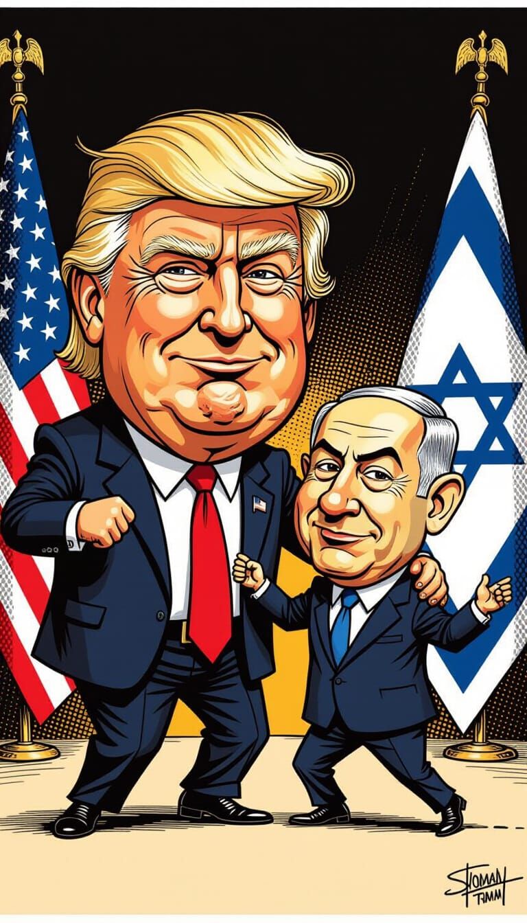 Humorous Political Cartoon Dance: Trump and Netanyahu