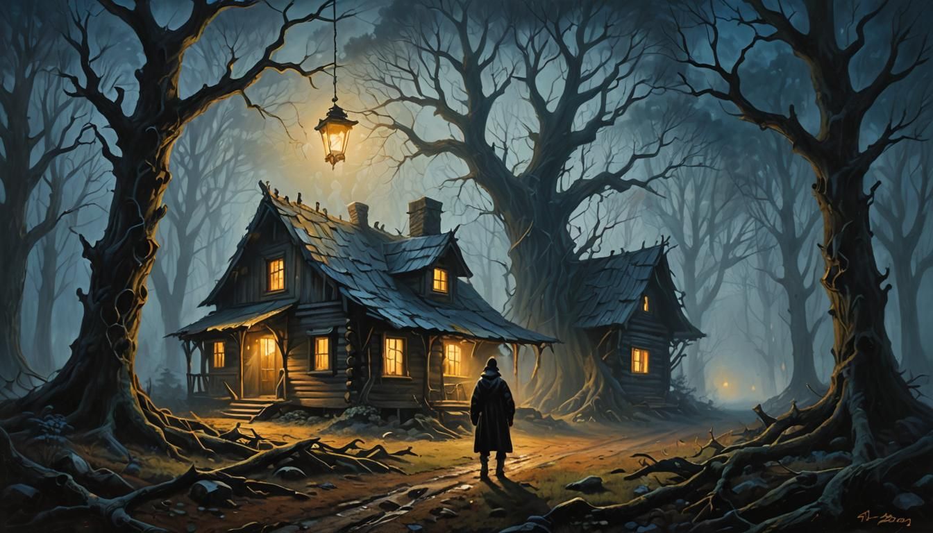 Mysterious Cabin in Misty Forest: Oil Painting