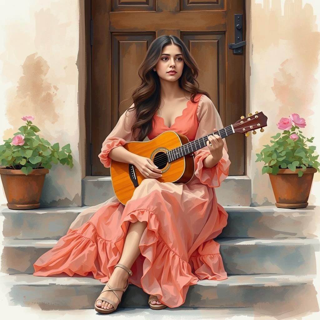 Image is a watercolor-style painting depicting a serene and nostalgic scene. The layout is vertical, focusing on a young...