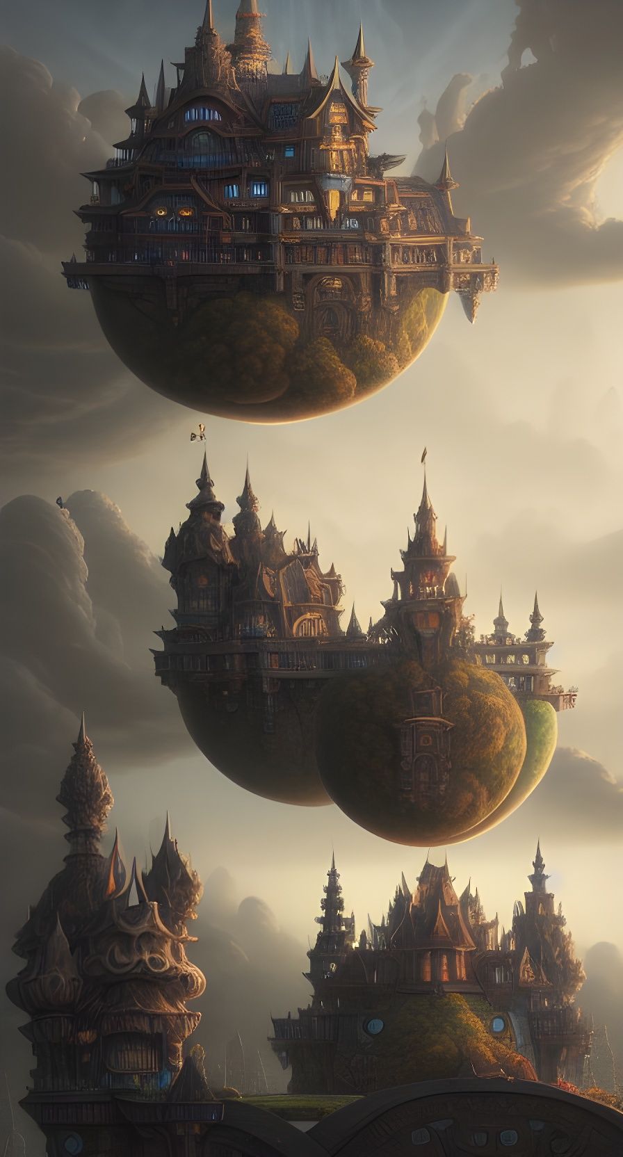 Surreal Floating Castle in Dark Fantasy Style