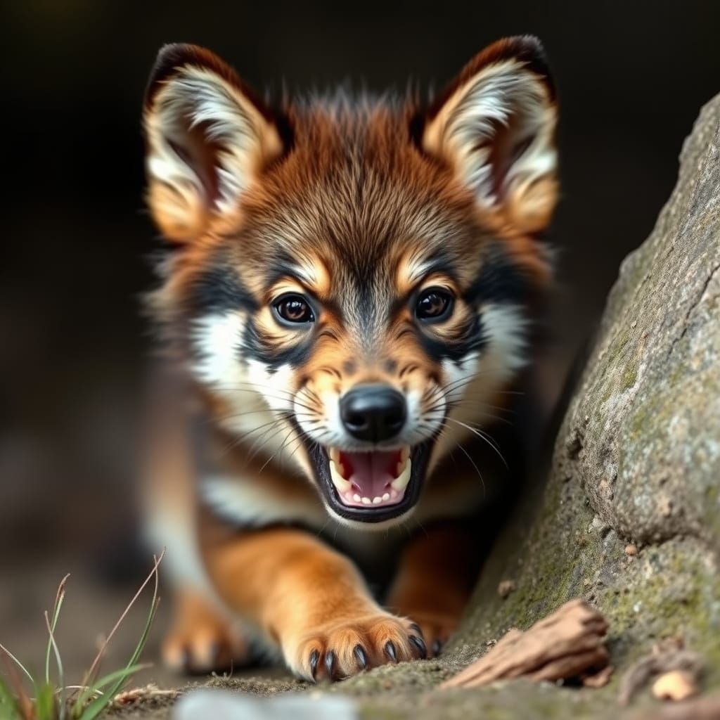 Adorable Baby Wolf with Fierce Smile