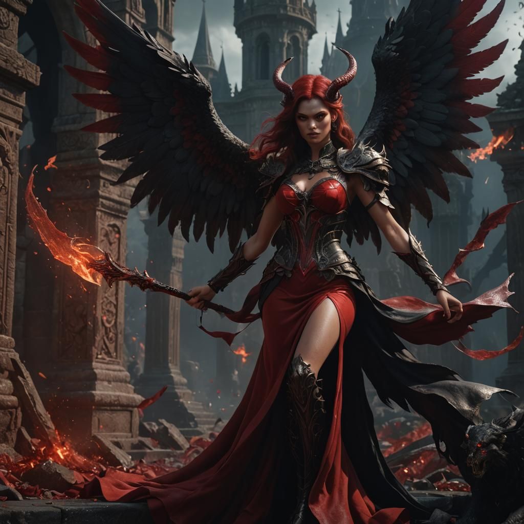 Fallen Angel Sorceress in Red Dress: Fantasy Art
