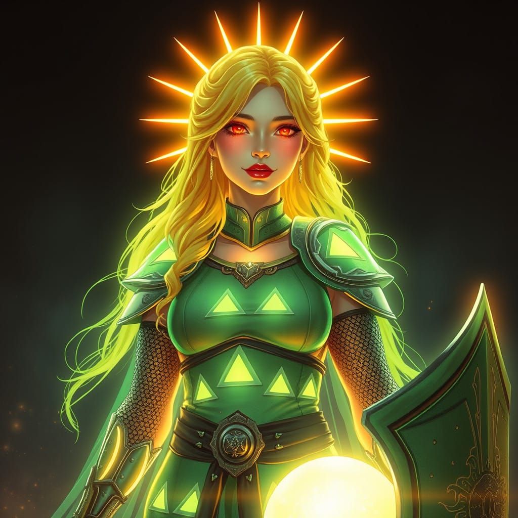 Radiant Goddess in Cyberpunk Armor with Glowing Skin and Shi...