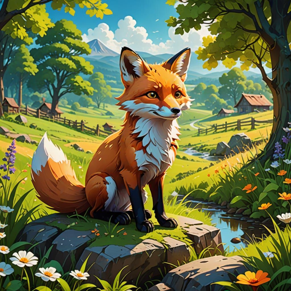 Cartoon Fox in Countryside: Anime-Style Digital Art