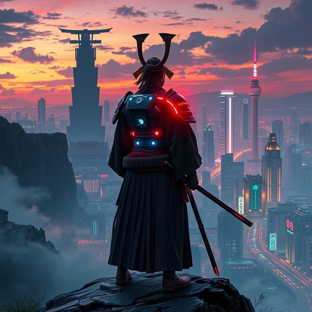 Cyberpunk Samurai Gazing at Neon Cityscape