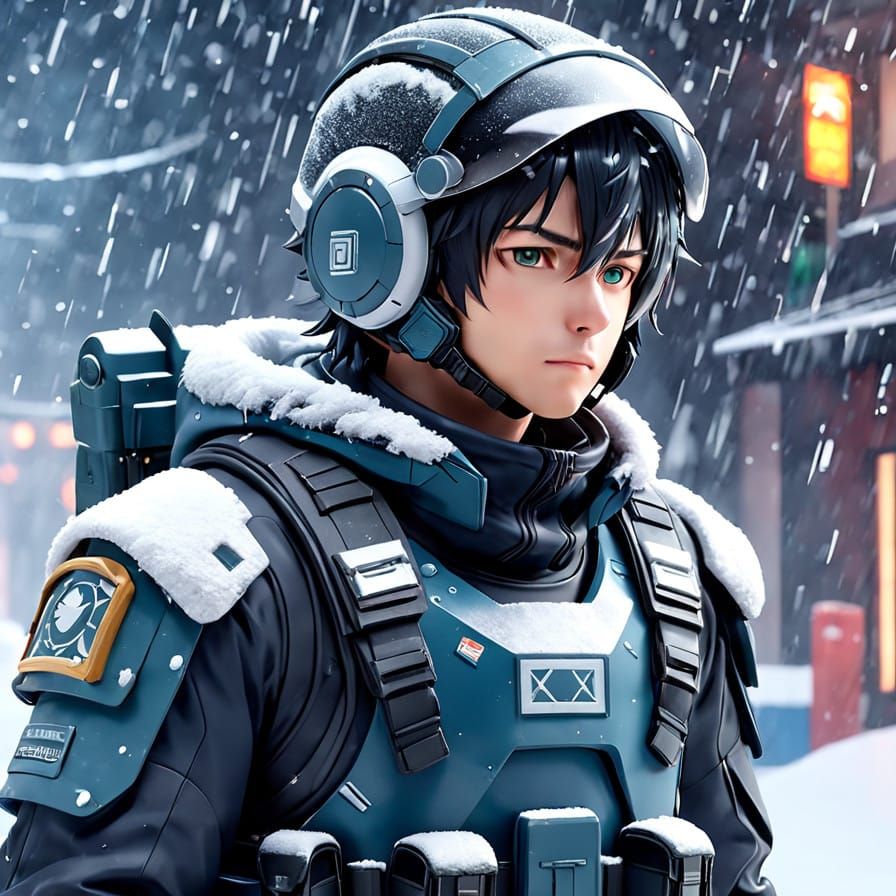 Scifi Soldier Anime Boy in a snow storm...