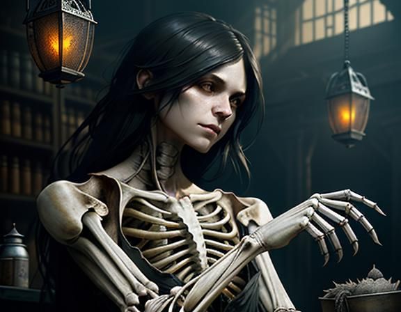 Furry Skeleton Cleaning Bones in Dark Workshop