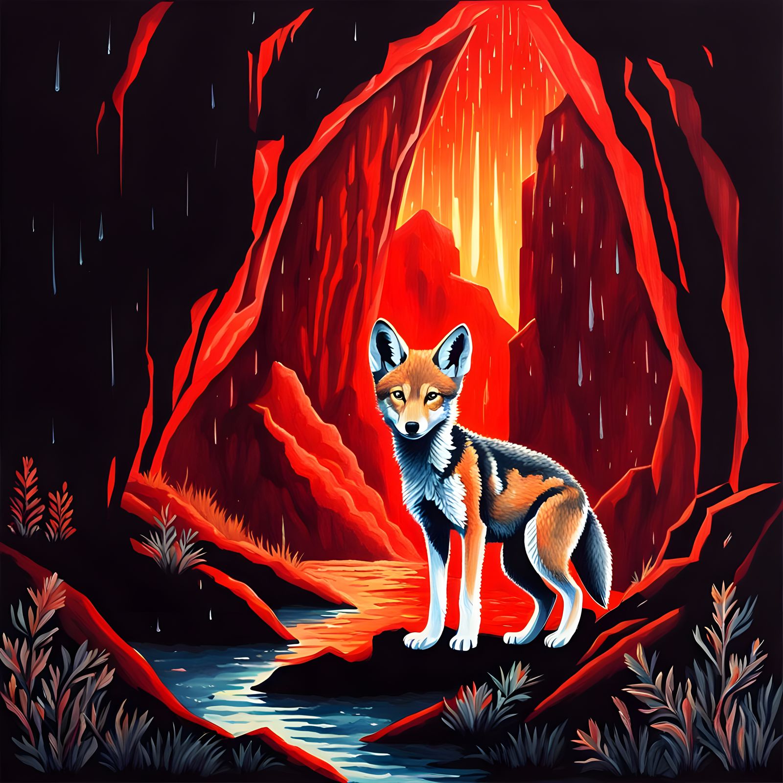 Red Wolf Cub in Burning Cave: Gouache Painting