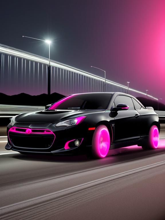 Hot Pink Car with Red Underglow on Highway at Night