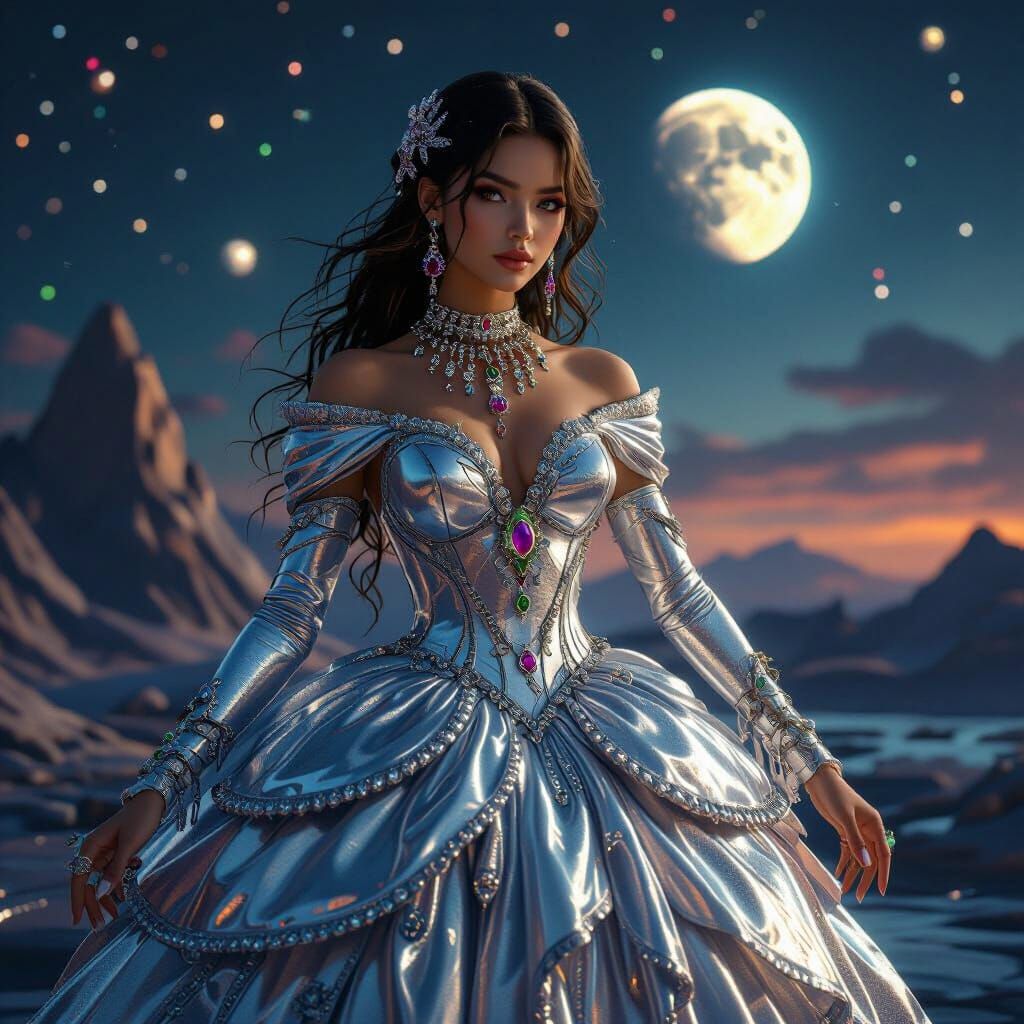 Mercury Maiden of Liquid Silver in Fantastical Night Sky