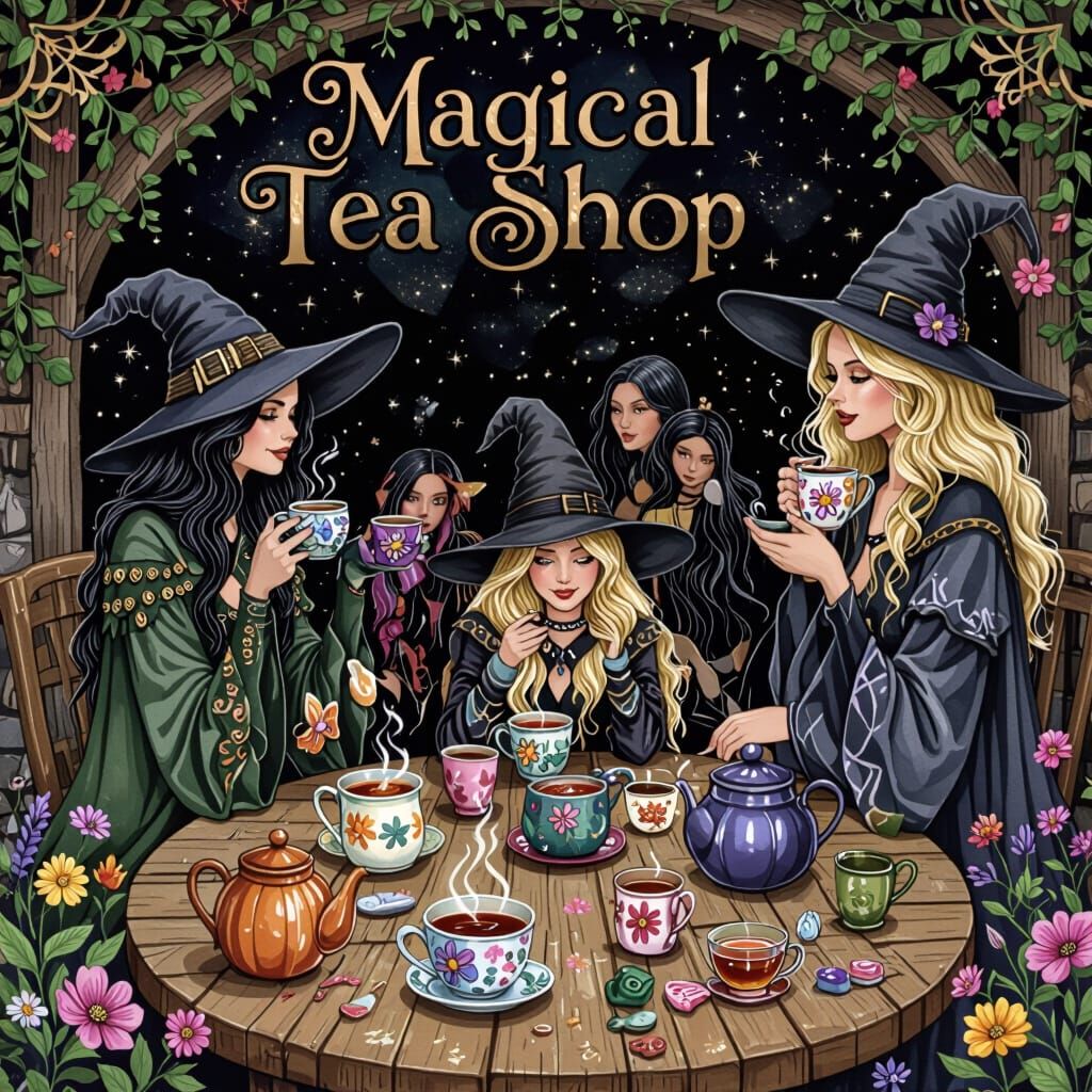 Artistic poster for ”Magical Tea Shop” showing a blonde Witc...