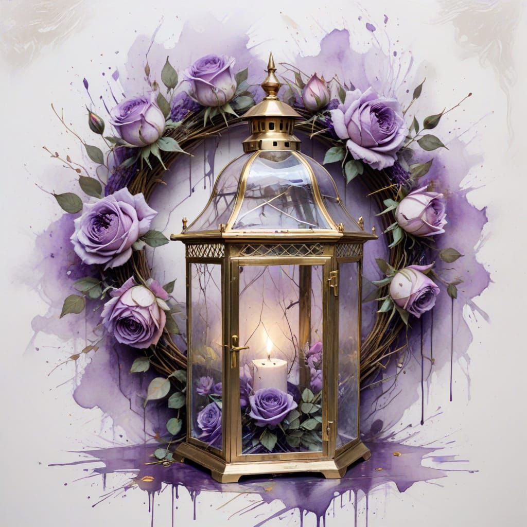 Watercolour Lantern with Purple Roses