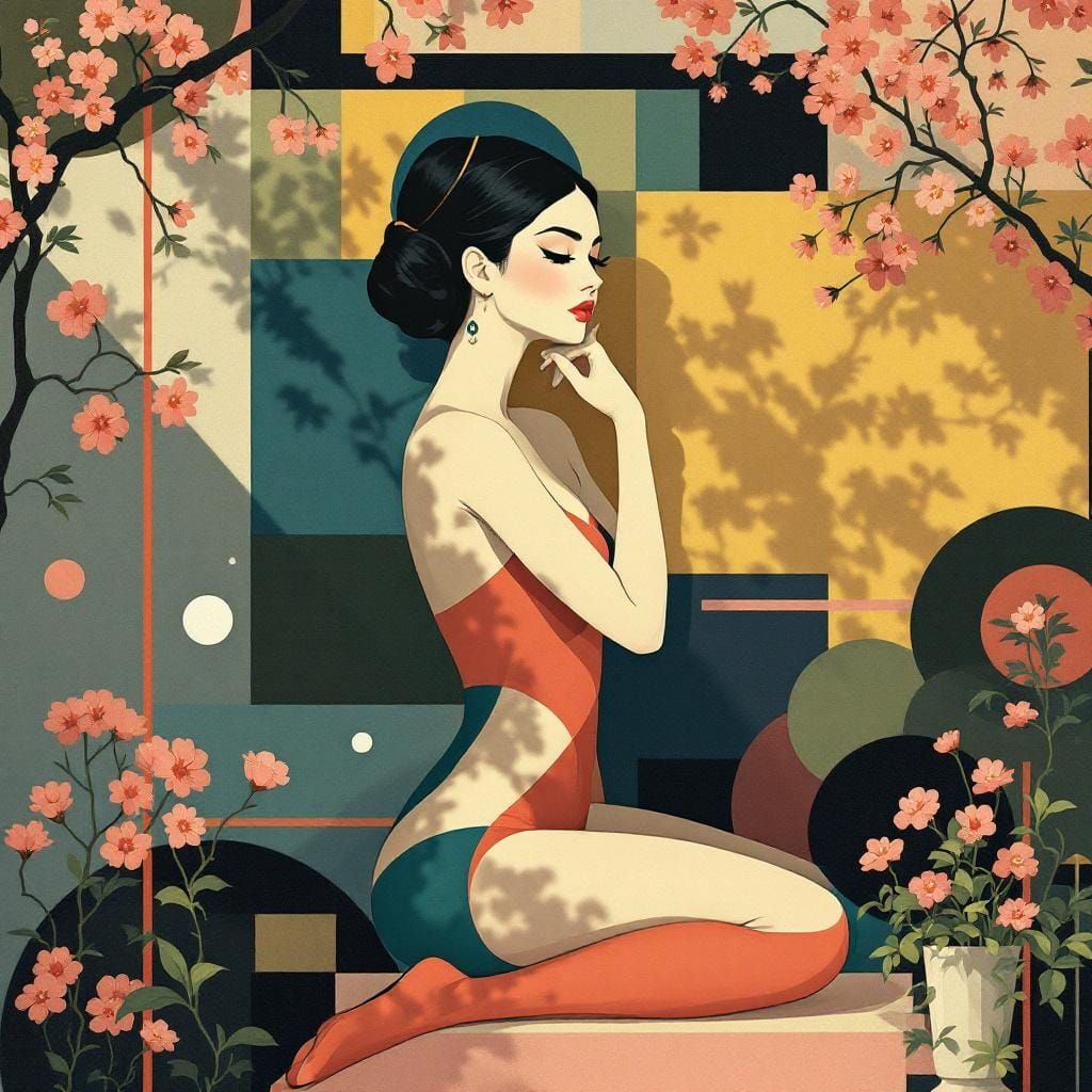 Abstract Pin-Up in Geometric Garden, Color-Block Style
