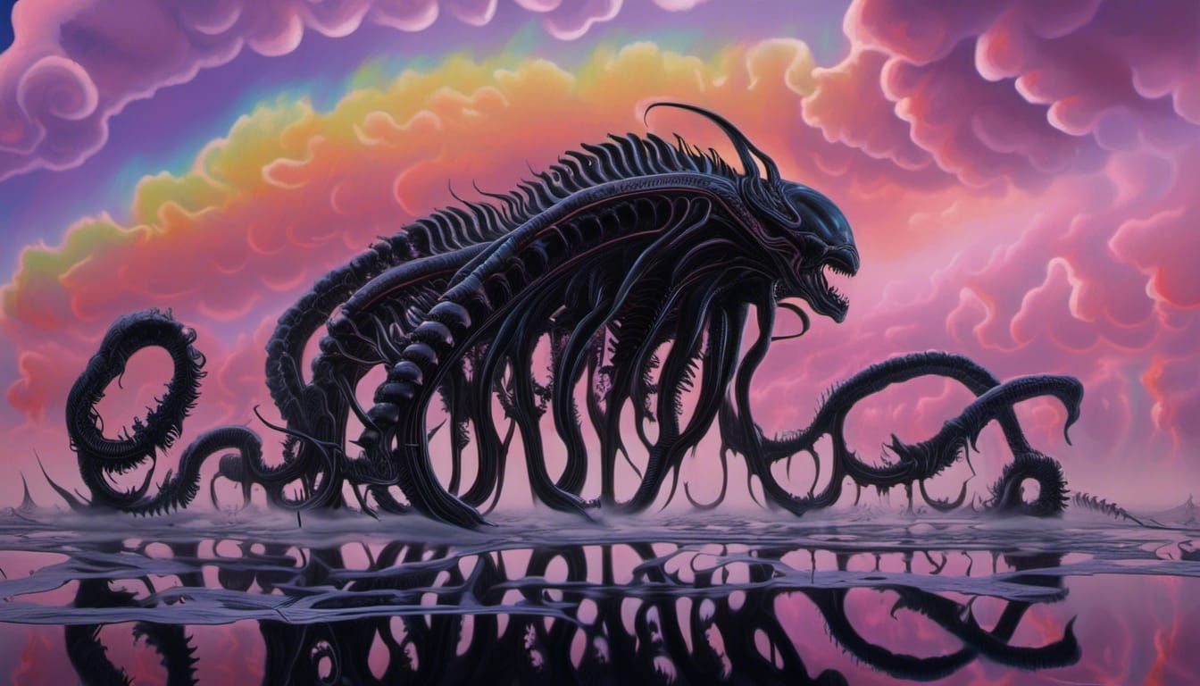 Surreal Xenomorph Lake with Thermochromic Clouds