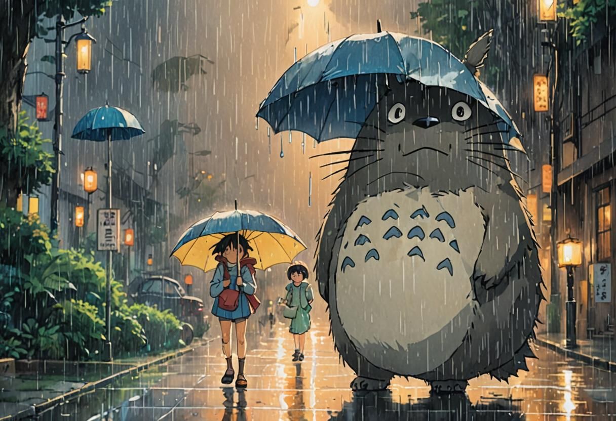 Totoro and Children in Rainy Anime Illustration