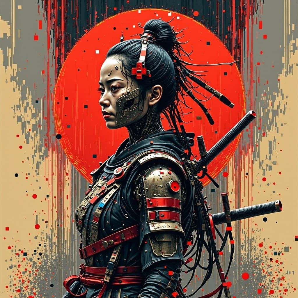 Samurai Cyborg in Glitch Art Style