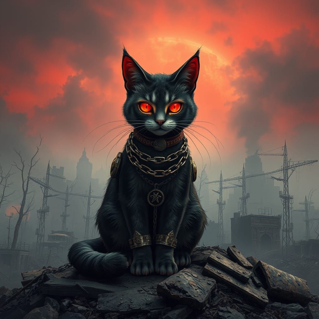 Cyberpunk Cat Guardian in a Ruined City