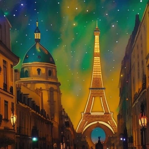 Luminous Paris Fireworks in Art Nouveau Style