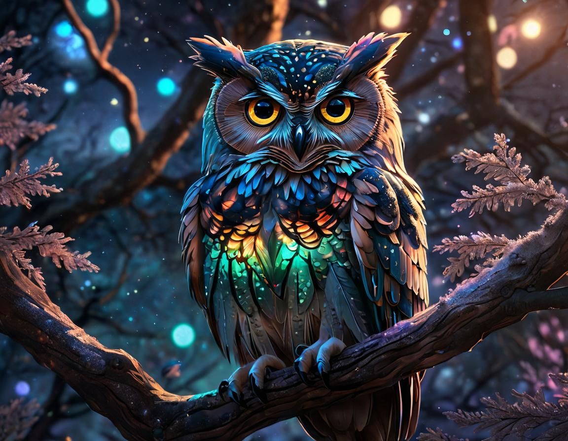 Planetary Owl on Galactic Yggdrasil in Anime Style