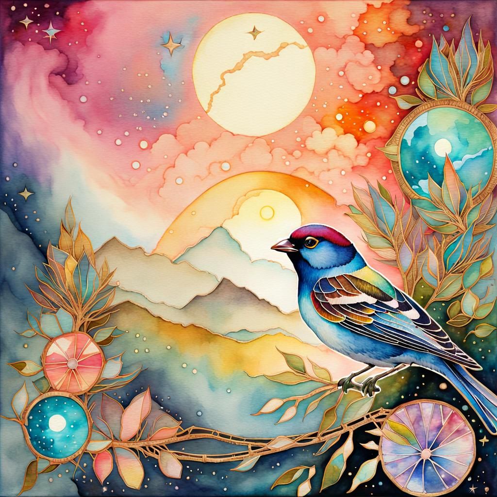 Luminous Iridescent Sparrow in Watercolor Art Deco Style
