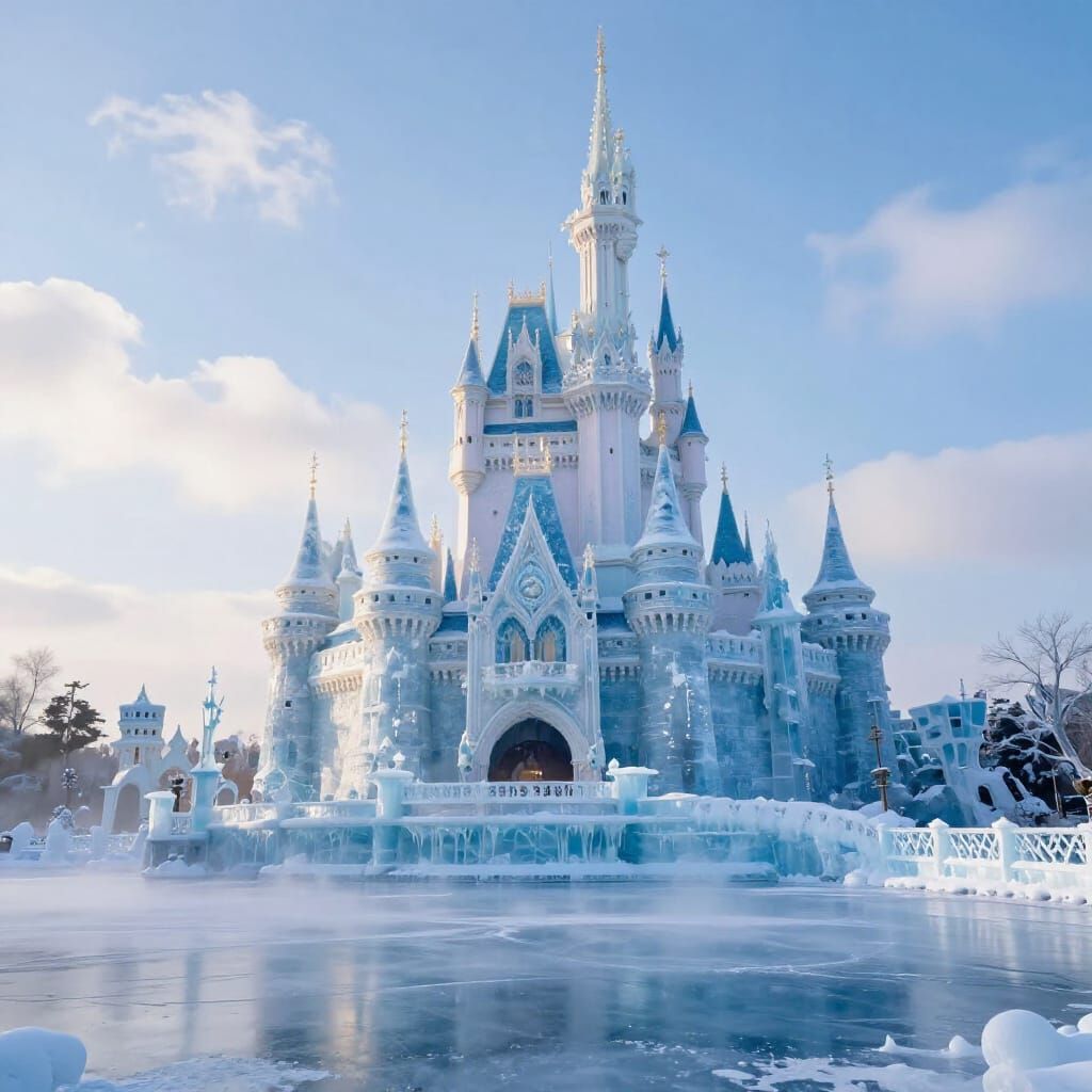 Fairytale Ice Castle on Frozen Cliff Overlooking Lake