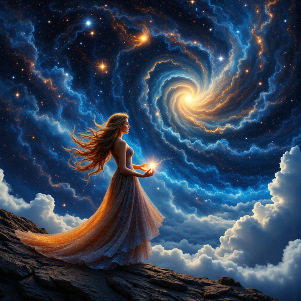 Celestial Seamstress Stitching Constellations in Art Nouveau...