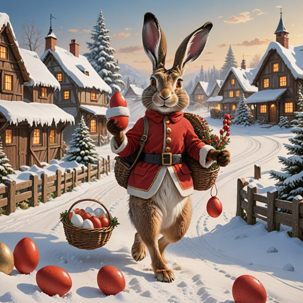 Jolly Hare Delivers Eggs in Snowy Winter Wonderland